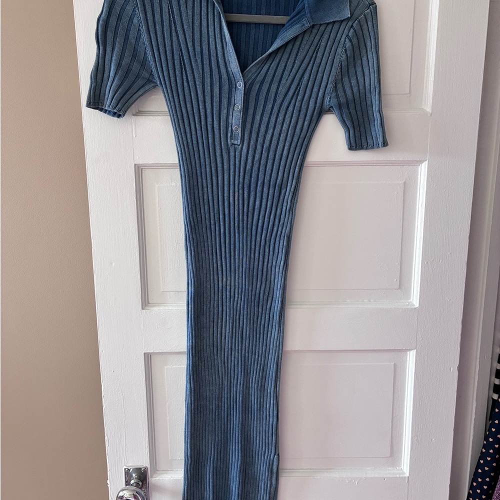 Blue Ribbed Knit Dress